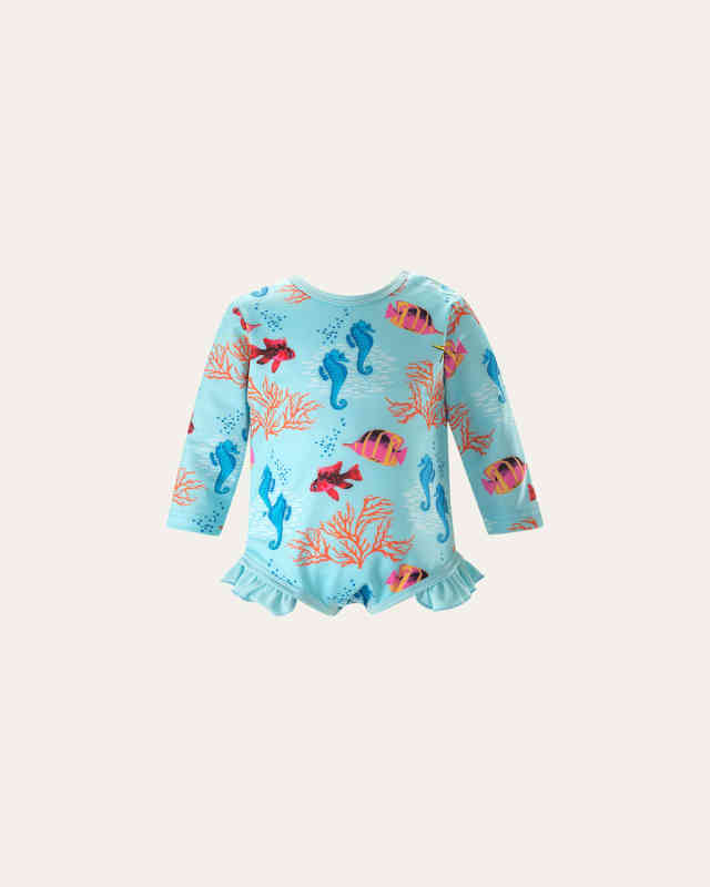 Girl's Coral Reef Frill Rashguard One-Piece Swimsuit, Size 6M-